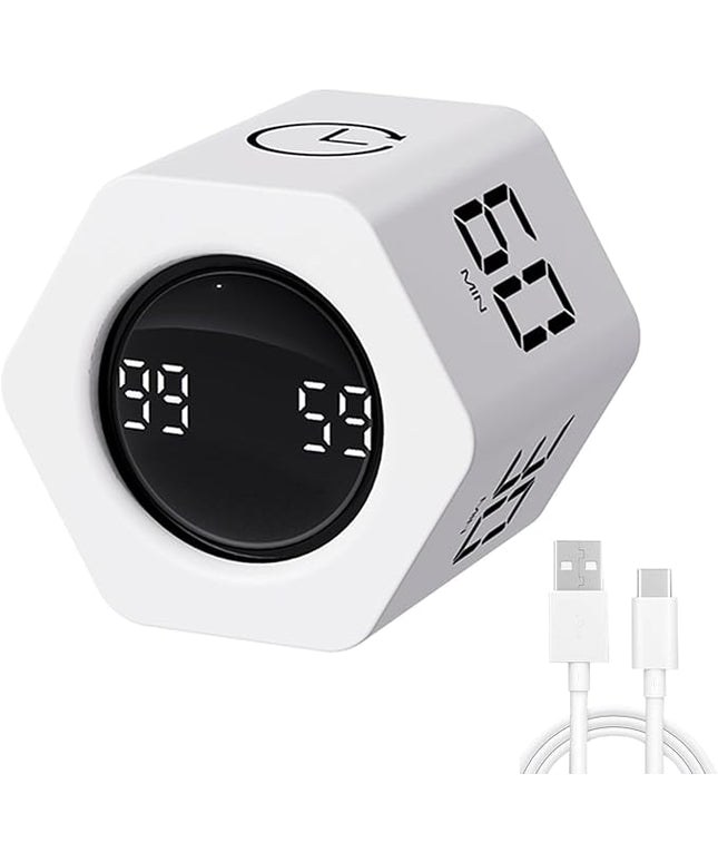Productivity Timer Flip Gravity Sensor Pomodoro Cube Timer Countdown & Countup,1/5/10/30/60min Preset & Custom Timing, Mute/Vibrate/Sound for ADHD,Work,Study,Kitchen(1, White Hexagon)