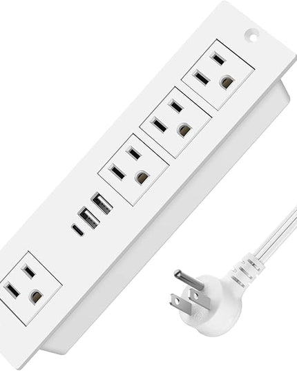 VILONG Recessed Power Strip with PD 20W USB-C, Flush Mounted Drawer Outlet, 4 Outlets & 3 USB Ports, Conference Desktop Built in Power Strip, 6.5FT Extension Cord(White)