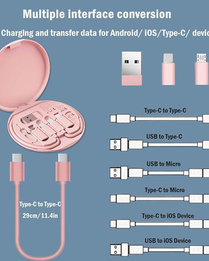 Multi USB C Adapter Kit, Charging Cable Case USB C to Type C/Micro/USB A Converter Contains Card Storage,Phone Holder, Tray Eject Pin for Traveling(Pink)