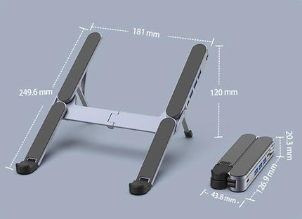 YUATAUY Ultra Compact Laptop Stand with 4-Port USB Hub for Desk, Tablet, Foldable Portable for Travel, Library, Home, Office, Cafe, 6-Level Ergonomic Adjustable Aluminum Holder for 10-16" Laptops