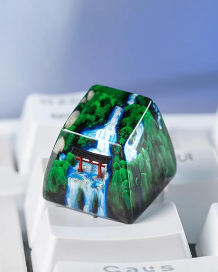 Red Torii Gate Artisan Keycap Japanese Shrine with Summer Waterfall R1 SA Profile Custom Keycaps 1U ESC Handmade Gaming Resin Key Cap Cherry MX Switch Compatible Mechanical Keyboard Japan Lover Gift