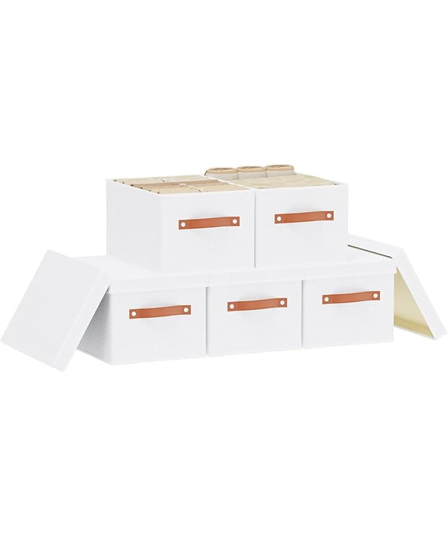 Storage Boxes with Lids, 7.1 x 9.1 x 13 Inch Storage Baskets, Closet Organizers for Shelves Organizing with Handles, White, 5-Pack