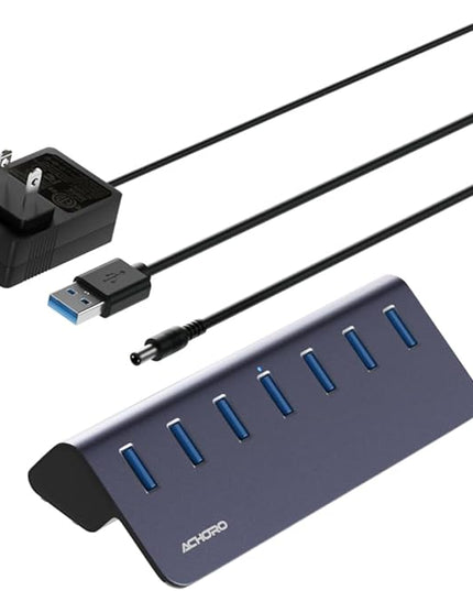 Achoro 7 Ports Powered USB HUB – 2nd Generation 10GB Super Speed External Ports – USB 3.2 Aluminium USB for Computer, Mac, PCs, Smartphone & Tablets – Computer Multiple USB A & C Hub