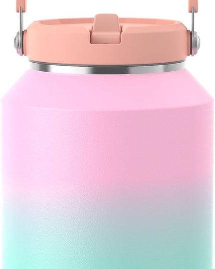 Half Gallon Insulated Water Bottle with Flip Straw, Vacuum Insulated Stainless Steel Jug with Top Handle, Leak-Proof Lid, Sweat-Free, Wide Mouth, Keeps Ice Cold up to 34 Hours
