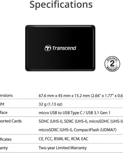Transcend USB 3.1 Gen 1 Type-C All-in-1 Multi-Card Reader (CF/SD/SDHC/SDXC/microSD)