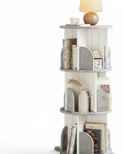 3-Tier Rotating Bookshelf, 360° Spinning Corner Bookcase with Display Stand - HDPE Plastic Book Storage Organizer for Bedroom, Home Office, Classroom, Living Room