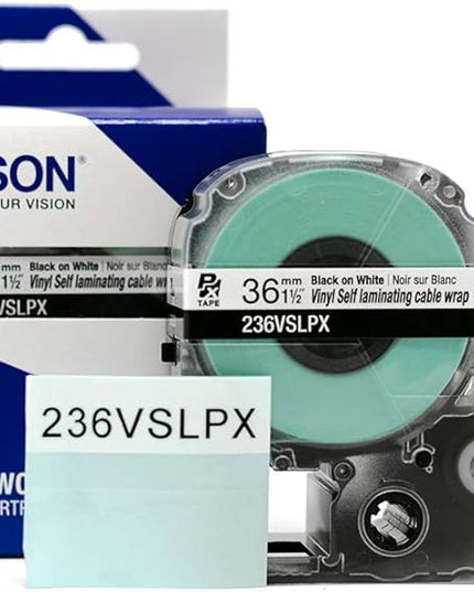 Epson LABELWORKS 236VSLPX Genuine Tape Cartridge - Black on White Flexible and Durable Vinyl Self Laminating Overwrap Industrial Label Maker Tape - 1.5" (36MM) Wide, 26.2 ft