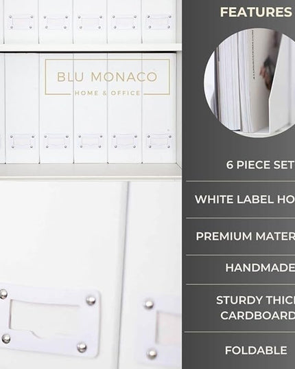 BLU MONACO Set of 6 Foldable White Magazine File Holders | Vertical Desk File Organizer Boxes With Leather Label Holders | Stylish Cardboard Magazine Storage for Shelves, Workspace and Home Office