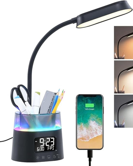 WILIT LED Kids Desk Lamp, Dimmable Study Lamp for Home Office Desk Accessories, with Pen Holder & Clock, USB Charging, RGB Night Light, Bedroom & College Dorm Room Essentials for Girls - Black