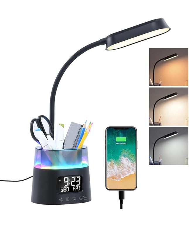 WILIT LED Kids Desk Lamp, Dimmable Study Lamp for Home Office Desk Accessories, with Pen Holder & Clock, USB Charging, RGB Night Light, Bedroom & College Dorm Room Essentials for Girls - Black