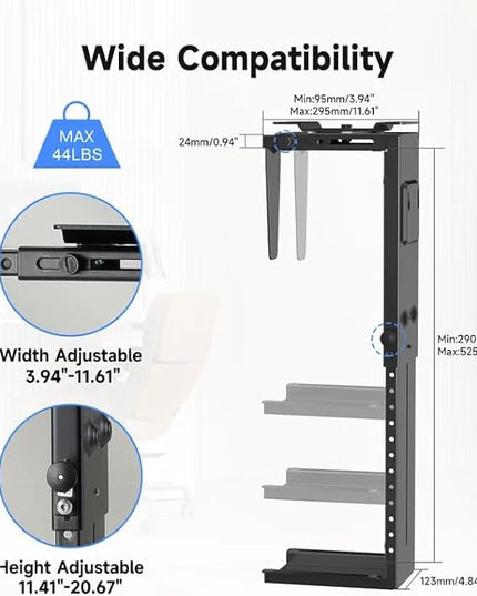 Suptek Adjustable Under Desk and Wall PC Mount,3.94 to 11.61 inch Wide Computer Case CPU Hanger Holder 360 Degree Rotatable Under-Desk PC Hanging Stand Holder Mount (ZJJ001L)