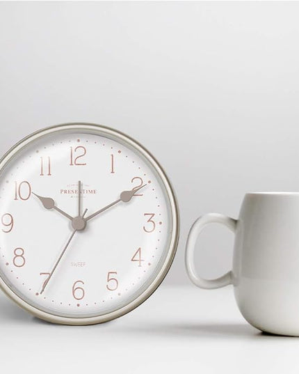 Presentime & Co 4" Chic Home Tabletop Alarm Mantel Clock, Desk and Shelf Clock, Silent no Ticking, Warm Gray and Chic Silver Finish. Tabletop Décor, Home Décor