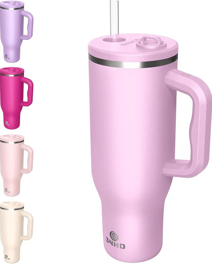 34HD 40 oz Stainless Steel Tumbler - Leakproof Insulated Water Bottle with Handle, Magnetic Lid and Flexible Straw - Iced for 48 Hours – Perfect for Men, Women, Birthday Gift, Pink - Blush Petal