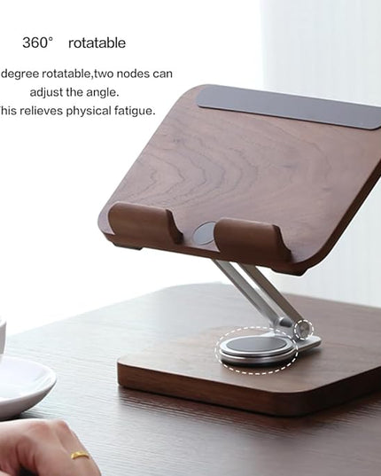 Adjustable Tablet Stand for Desk - Walnut Wood Portable Tablet Holder with Customizable Height & Angle, Sturdy Dock for iPad Pro/Air/Mini, Kindle, E-Reader, Phone & Small Laptops (Home/Office Use)