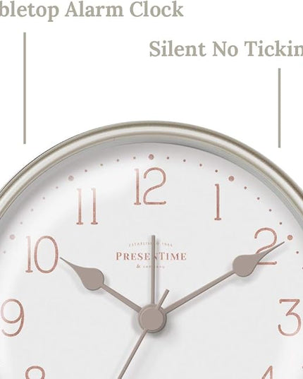 Presentime & Co 4" Chic Home Tabletop Alarm Mantel Clock, Desk and Shelf Clock, Silent no Ticking, Warm Gray and Chic Silver Finish. Tabletop Décor, Home Décor