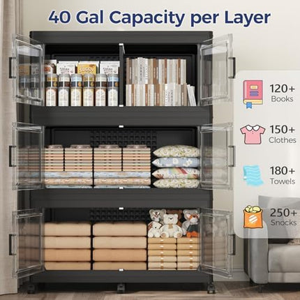160Gal Stackable Storage Bins with Lid, 640Qt Extra Large Collapsible Storage Box with Wheels, Dividers, Folding Plastic Cabinet Closet Organizers for Home Kitchen Office Dorm, 4Pack Black