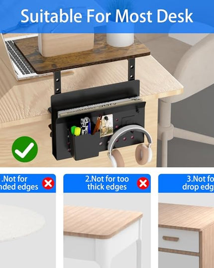 Desk Extender, Clamp On Desk Shelf Organizer, with Side Storage Steel Frame & 15 inch Wood Desktop Supplies Rack Clamp Mount Table Hanging Storage for Home Office Fits Flat Edge Tables 0.3" to 2.3"