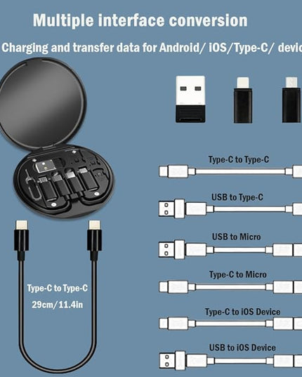 USB C Adapter Cable Kit, Multi Charging Cable Case Convertor USB C to iOS Device/Type C/Micro/USB A Adapter, Data Transfer Contains Card Slot for Traveling, Use as Phone Holder (Black)