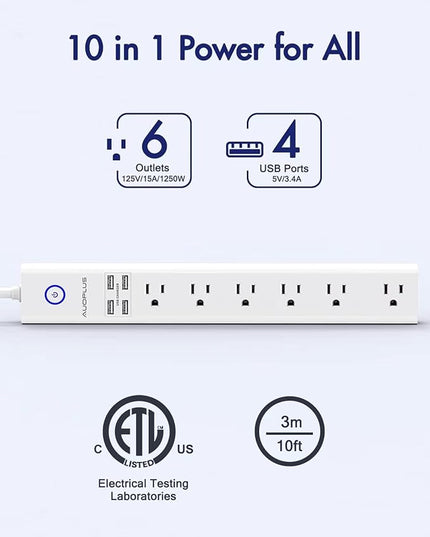 2 Pack Surge Protector Power Strip - 10FT Long Extension Cord with Multiple Outlets, 6 Widely Outlets 4 USB Charging Ports, Flat Plug Overload Surge Protection, Wall Mount for Home, Office ETL Listed