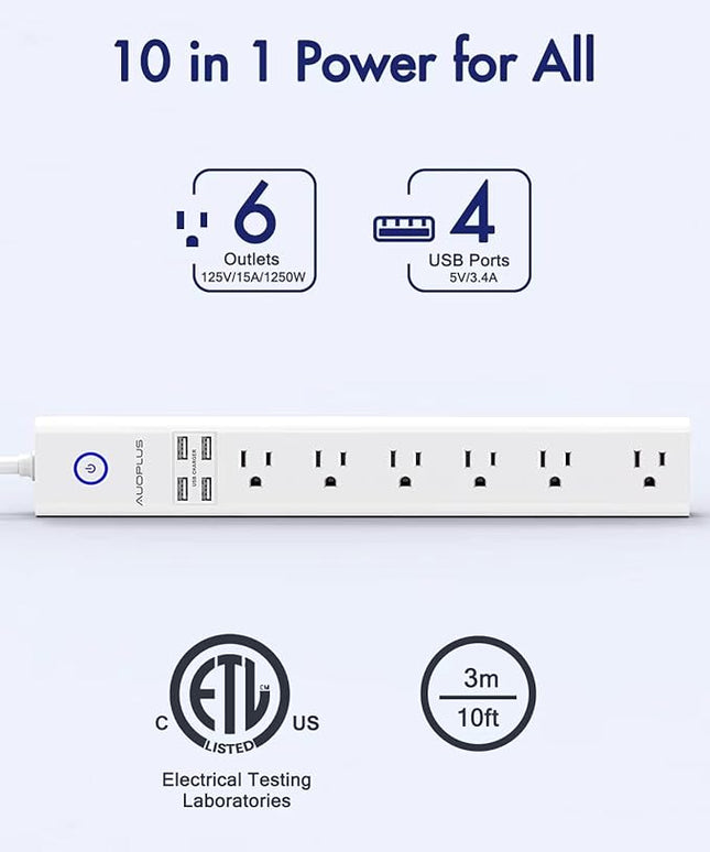 2 Pack Surge Protector Power Strip - 10FT Long Extension Cord with Multiple Outlets, 6 Widely Outlets 4 USB Charging Ports, Flat Plug Overload Surge Protection, Wall Mount for Home, Office ETL Listed
