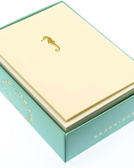 Graphique Seahorse La Petite Presse Boxed Notecards - 10 Embossed and Embellished Gold Foil Seahorse Blank Cards with Matching Envelopes, 3.25"" x 4.75""" (L1329CB)
