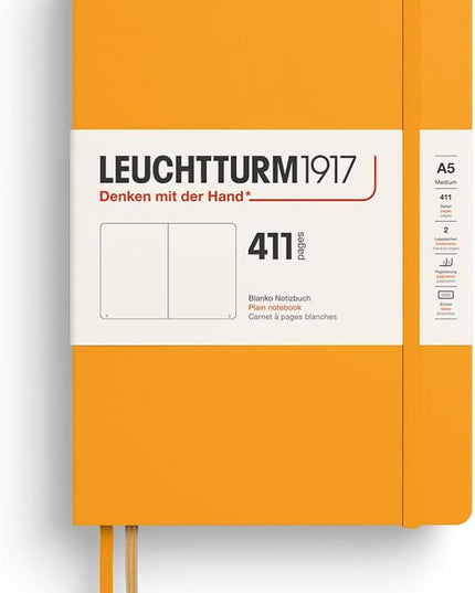 LEUCHTTURM1917 372924 Notebook 411 Medium (A5), Hardcover, 411 Numbered Pages, Rising Sun, Plain, More Thoughts, More Ideas, More Memories, More Pages