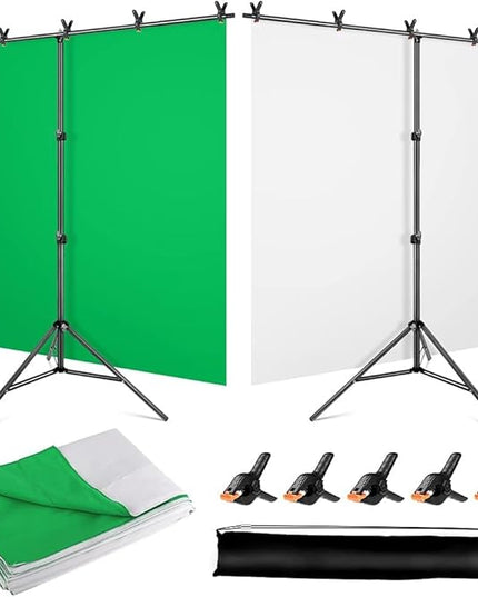 2-in-1 White Backdrop Green Screen Backdrop Stand Kit, 5x6.5 ft Greenscreen Background with Stand for Streaming, Zoom, Photography, Video with Clips & Carrying Bag