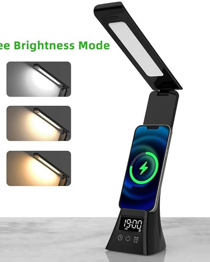 IHAO 6in1 Multifunctional Foldable LED Table Lamp with Wireless Charger Digital Alarm Clock Eye-Care Lighting 3 Color Modes 15W Qi Charger for Phone/Headphones, iWatch Charger Compatible-N61Black