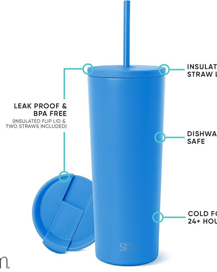 Simple Modern Insulated Tumbler with Lid and Straw | Iced Coffee Cup Reusable Stainless Steel Water Bottle Travel Mug | Gifts for Women Men Her Him | Classic Collection | 24oz | Supersonic Blue