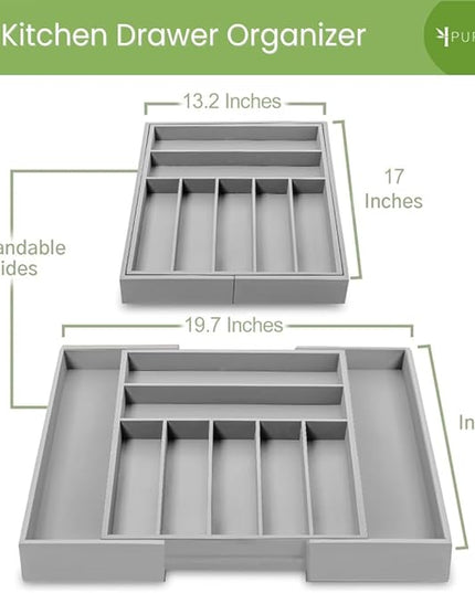 Purawood Bamboo Drawer Organizer - Expandable Silverware Organizer & Utensil Organizer, Cutlery Tray with Dividers, 7-9 Slots - Premium Kitchen Drawer Organizer for Utensils & Flatware (Grey)