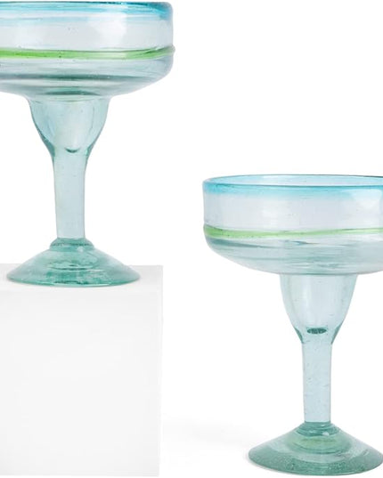 Mexican Glassware, Aqua Rims 16oz Margarita Glasses, Set of 2 Unique Hand Blown Glass, Handcrafted by Talented Artisans Thick & Sturdy Easy to hold