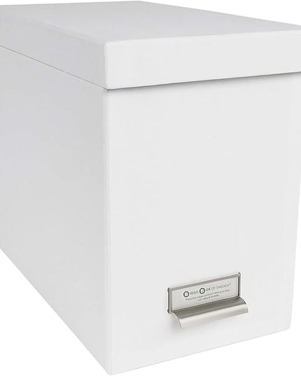 Bigso John Fiberboard Label Frame Desktop File Storage Box - Document Organizer for Important Paperwork - Durable Hanging File Box with a Lid & Metal Label Window - 7.36 x 13.38 x 10.51 in - White