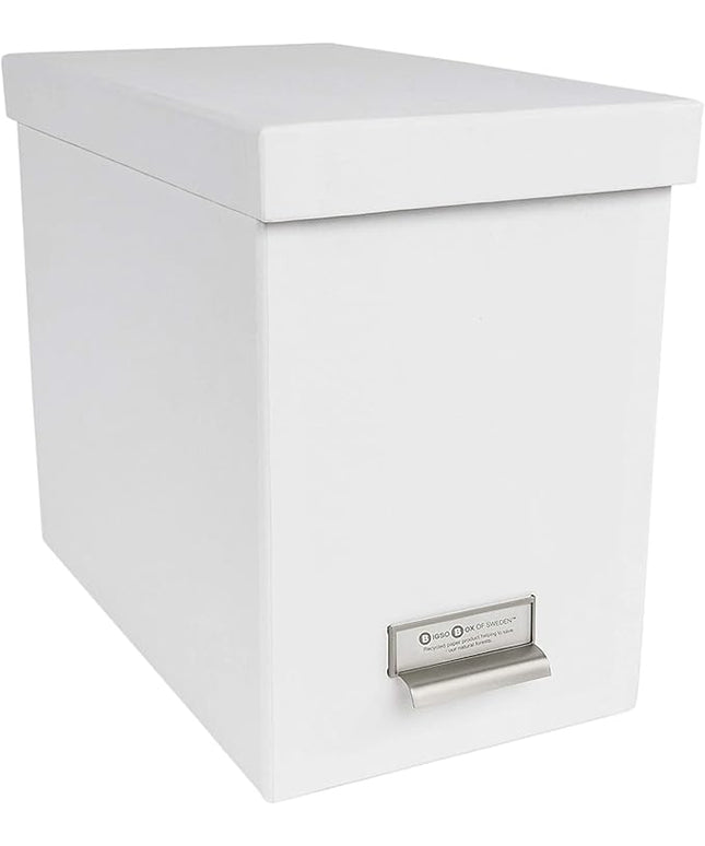 Bigso John Fiberboard Label Frame Desktop File Storage Box - Document Organizer for Important Paperwork - Durable Hanging File Box with a Lid & Metal Label Window - 7.36 x 13.38 x 10.51 in - White