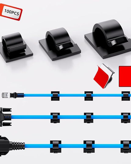 100 PCS Adhesive Cable Clips Cord Organizer (Small, Medium,Large),Wire Holder for Cable Management, Outdoor Light Clips Light Hooks for LED String,Car Dash Cam, Extension Cord (Black)