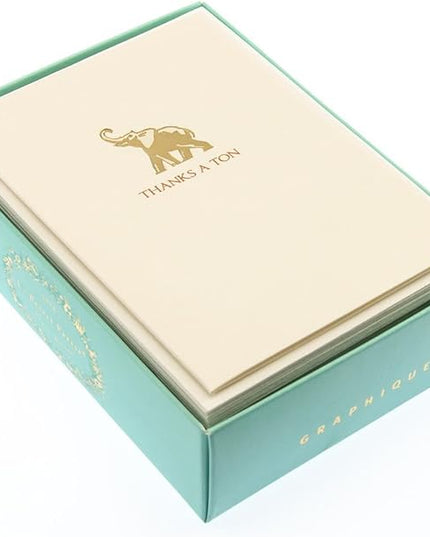 Graphique Elephant La Petite Presse Boxed Notecards - 10 Embossed and Embellished Gold Foil "Thanks a Ton" Elephant Notes with Matching Envelopes, 3.25" x 4.75