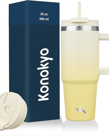 30 oz Tumbler with Handle and 2 Straws,2 in 1 Lid Insulated Water Bottle Stainless Steel Travel Coffee Mug,Lemon