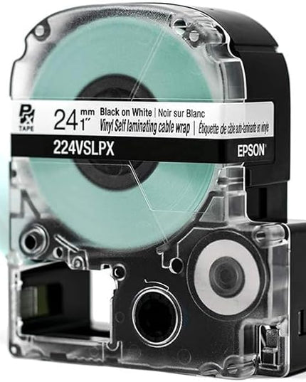 Epson LABELWORKS 224VSLPX-5PK Genuine Tape Cartridge - 5 Pack Black on White Flexible and Durable Vinyl Self Laminating Overwrap Industrial Label Maker Tape - 1" (24MM) Wide, 26.2 ft 5 Cartridges