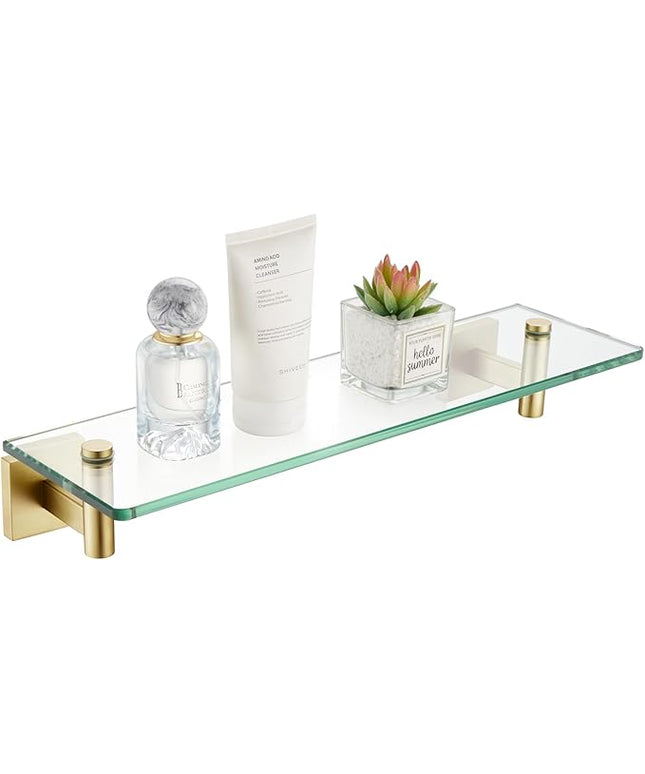 KOKOSIRI Wall Shelves Floating Shelf 16'' Stainless Steel Bathroom Hardware Tempered Glass Small Hanging Rack for Storage/Room Decor Gold B1105BG-L16