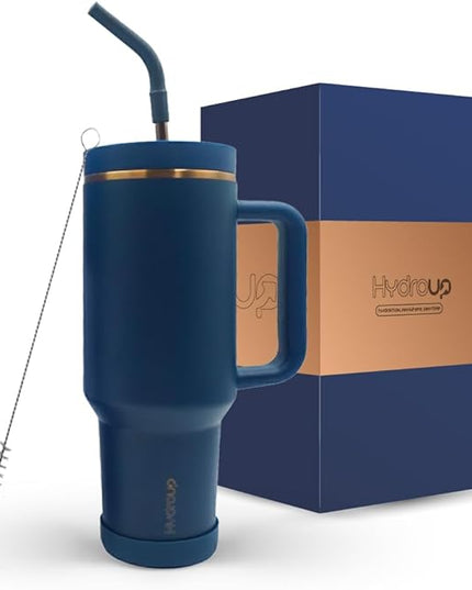 40oz Travel Tumbler Cup with Handle, Two-Way Slider Lid, Stainless Steel Straw with Silicone Tip, Vacuum Insulated Water Bottle for Hot & Cold Drinks, Great Gifts for Mom (Blue Gold)
