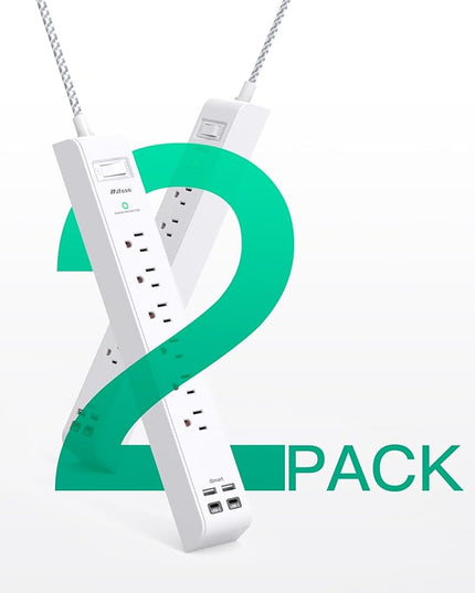 2 Pack Power Strip, 12FT Long Extension Cord, Surge Protector with 6 Outlets and 4 USB Ports (2 USB C), Flat Plug Overload Protection, Extension Cord 10+ ft, Wall Mount for Home Office Dorm College