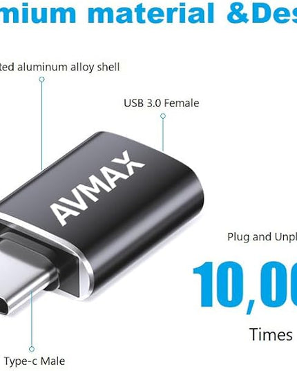 AVMAX USB C to USB A Adapter 4 Pack, USBC Male to USB A 3.0 Female OTG Adapter, Type C Male to Type A Female 3.0 OTG Adapter for Apple iPhone 16 15, Flash Thumb Drive,Mac,iPad,Samsung Galaxy