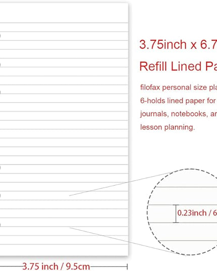 A6 Lined Refill Paper, 100 Sheets/200 Pages Loose Leaf Paper for Filofax Person Binders, 6 Holes Punched, 100gsm Ruled White Filler Paper, 3.75'' x 6.75''