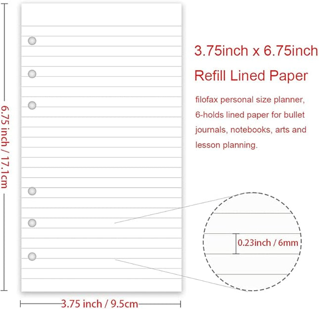 A6 Lined Refill Paper, 100 Sheets/200 Pages Loose Leaf Paper for Filofax Person Binders, 6 Holes Punched, 100gsm Ruled White Filler Paper, 3.75'' x 6.75''