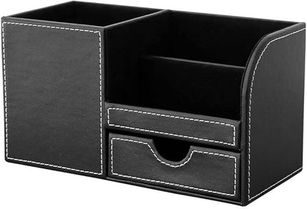 KINGFOM Desk Organizer Office Supplies Caddy Pu Leather Multi-function Storage Box Pen/Pencil,Cell phone, Business Name Cards Remote Control Holder with Small Drawer Black
