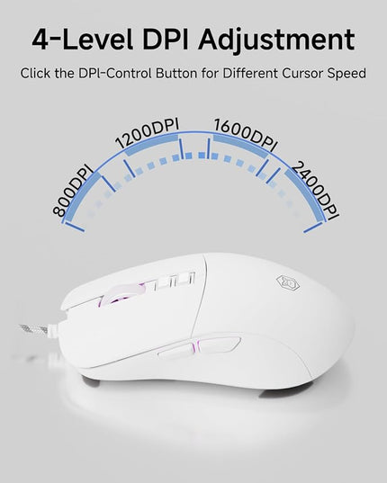 EWEADN G309 Wired Mouse, 7-Button Ergonomic Computer Corded Mouse with 2400 DPI, 4 Adjustment Levels DPI, Optical Office USB Mice with 5FT Cord for Laptop, PC, Desktop, MacBook-White