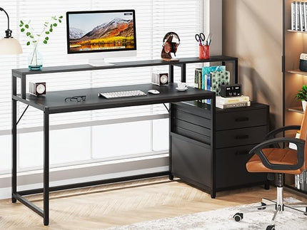 Tribesigns 63 Inch Computer Desk with File Drawer Cabinet, Ergonomic Office Desk with Monitor Stand, Industrial Computer Table with Printer Space, Wood PC Table Workstation Desks for Home Office