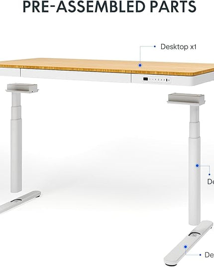 SANODESK Standing Desk with Drawer,Dual Motor 3 Stage Electric Height Adjustable Home Office Desk with Storage & Wireless Charging, 55 inch Bamboo Tabletop/White Frame