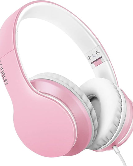 LORELEI X6 Over-Ear Headphones with Microphone, Lightweight Foldable & Portable Stereo Bass Headphones with 1.45M No-Tangle, Wired Headphones for Smartphone Tablet MP3 / 4 (Pearl Pink)