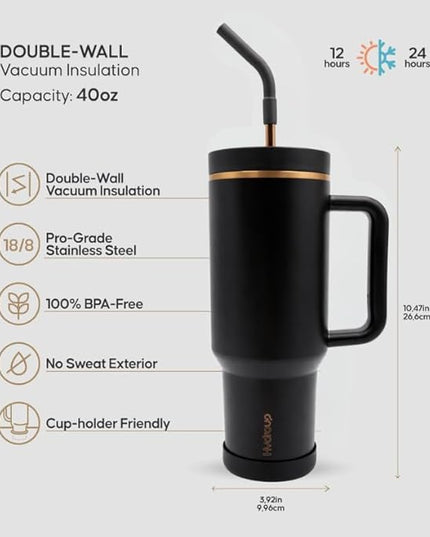 40oz Travel Tumbler Cup with Handle, Two-Way Slider Lid, Stainless Steel Straw with Silicone Tip, Vacuum Insulated Water Bottle for Hot & Cold Drinks, Great Gifts for Mom (Black Gold)