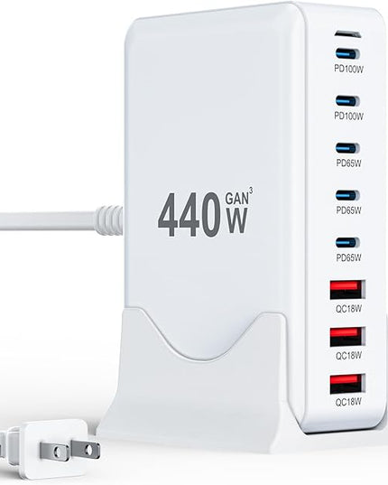 USB C Charger Block 440W Charging Station Hub,8 Port GaN III Fast Charging Brick with 5ft Extension Cord,PD QC PPS 100W Laptop Power Adapter for MacBook Pro/Air,iPhone 17/16/15,Samsung Galaxy,Dell etc